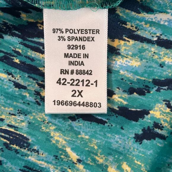 Catherines Top Womens 2X Green Blue Button Up Stretch Short Sleeve V-Neck Blouse - Picture 7 of 9